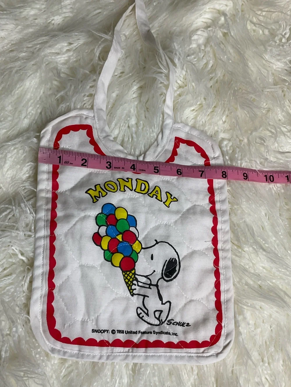 Vintage Snoopy 1958 Quilted “Monday” Baby Bib Peanuts Schulz